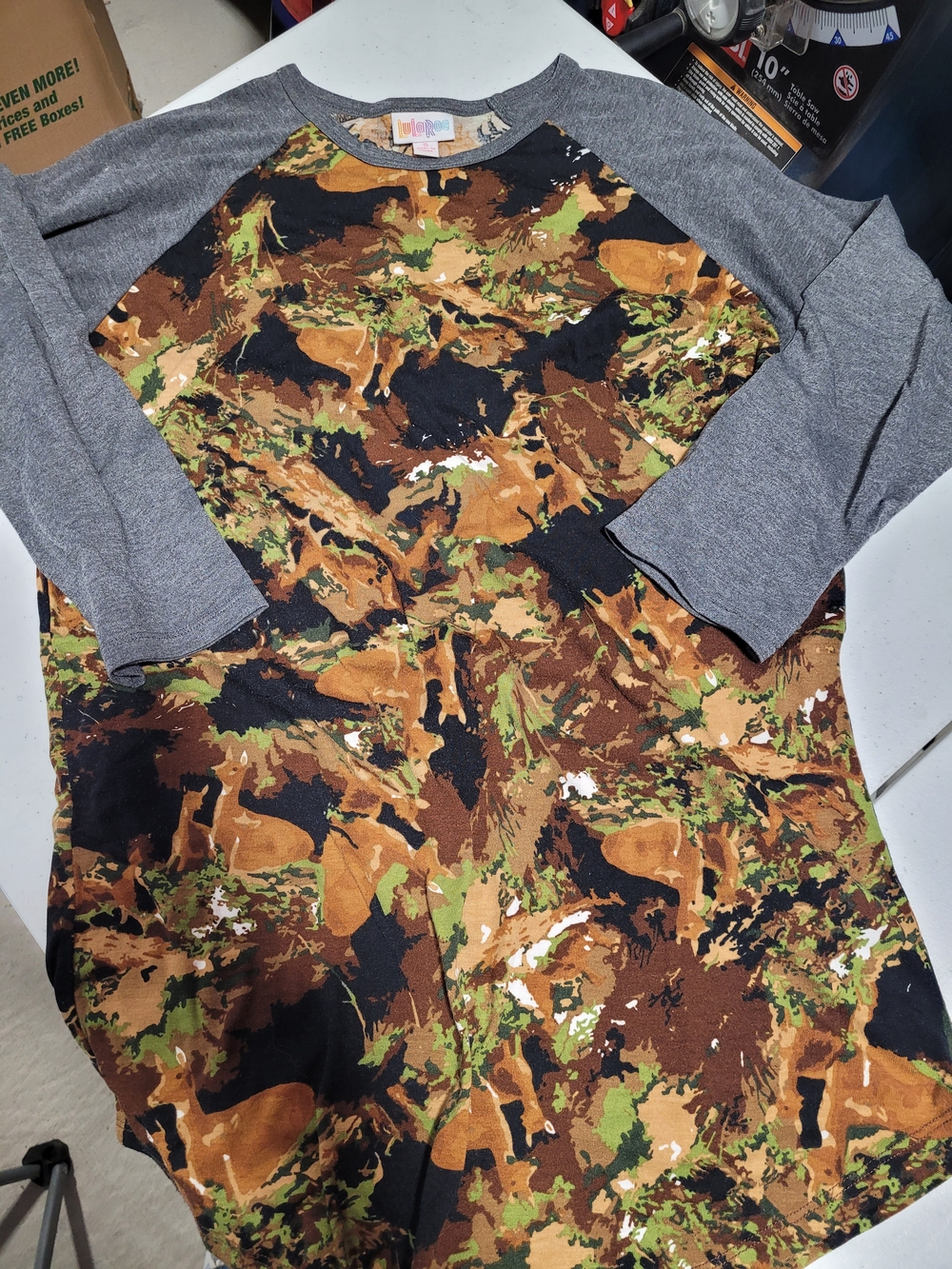 LuLaRoe Camo Print Top with Charcoal Trim